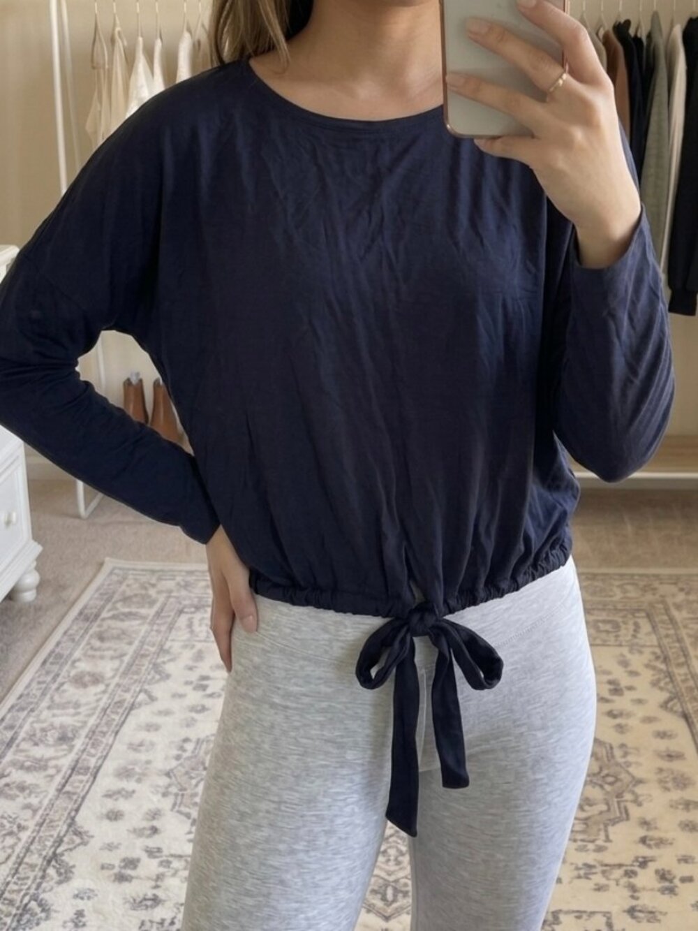 Quince NWT navy blue bamboo rayon tie-hem relaxed long sleeve top | size M
